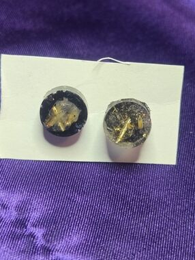 Black and Gold Rutilated Quartz Round Resin Stud Earrings